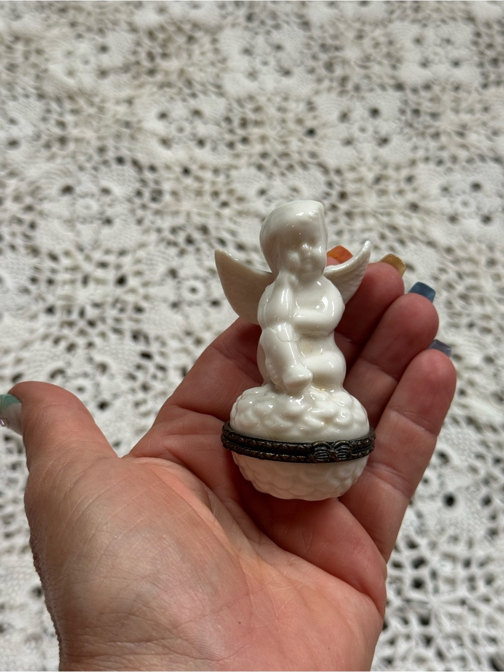 Vintage White Porcelain Angel Cherub Trinket Box Hinged Miniature